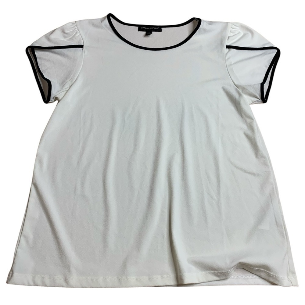 Banana Republic White Short Flutter Sleeve Top Blouse Black Trim Medium